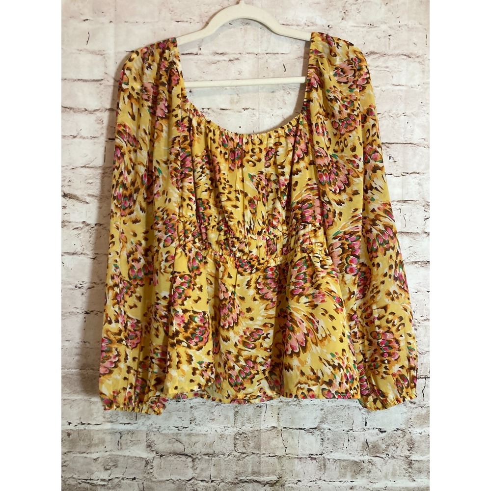 DR2 Babydoll Top Womens Large Mustard Yellow Artsy Boho Hippie Balloon‎ Sleeve